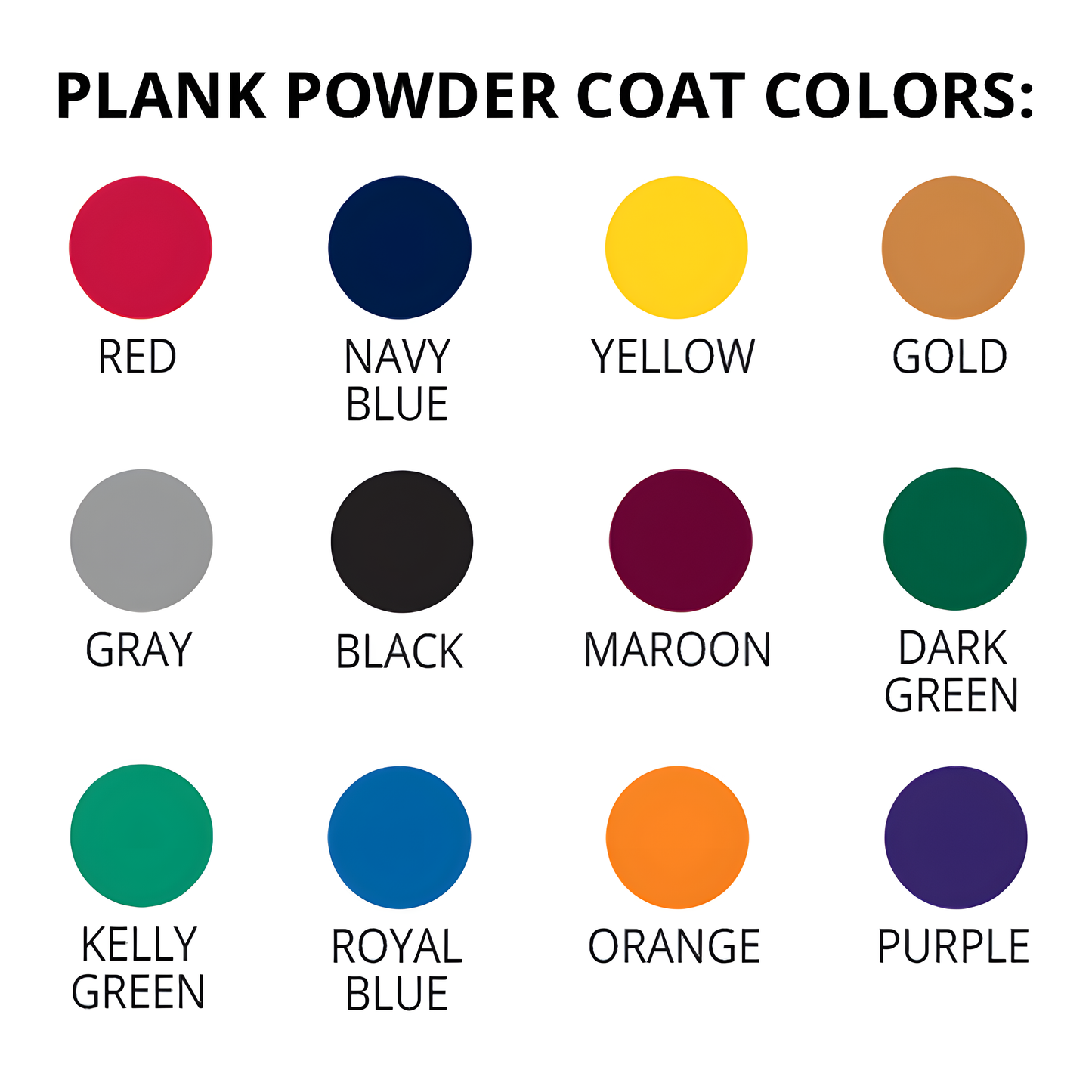 Color options for indoor bleacher seats' plank powder coat finishes.