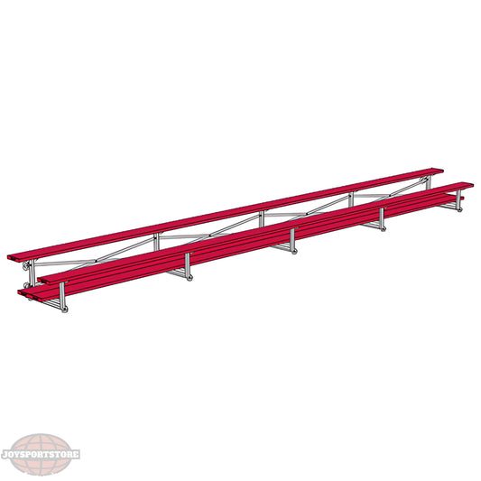 Isometric view of long indoor bleacher seats with red planks.