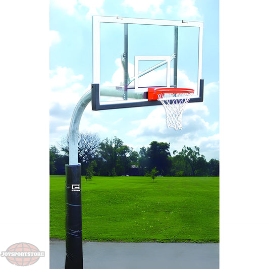Gared outdoor basketball backboard with clear acrylic glass and adjustable height on a curved pole