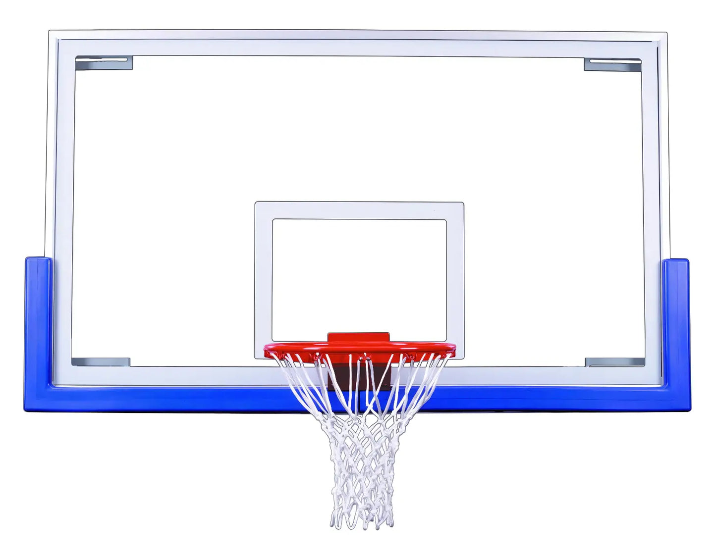 FIRST TEAM basketball hoop with clear basketball backboard and blue frame with red rim and white net