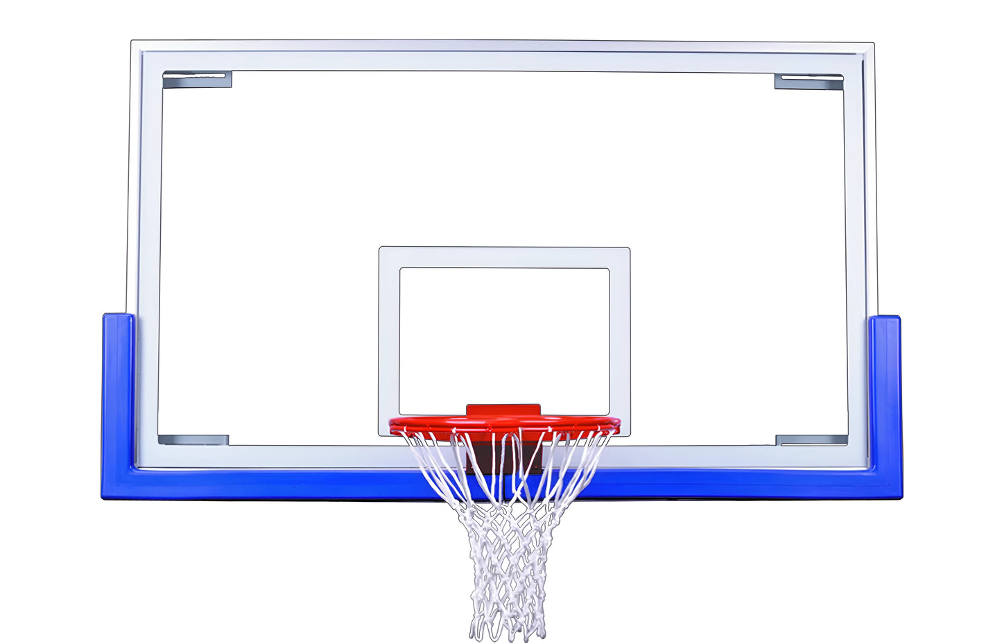 FIRST TEAM basketball backboard with clear glass and blue trim basketball hoop rim and white net