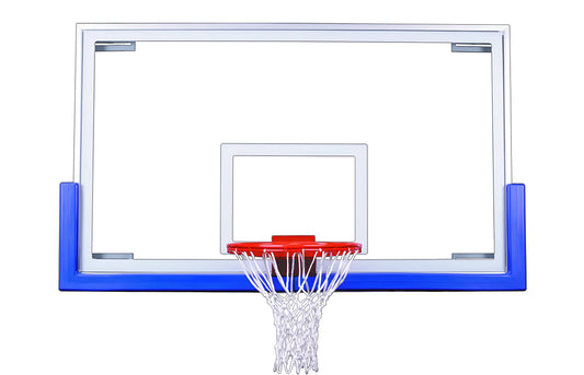 FIRST TEAM basketball backboard with clear glass and blue trim basketball hoop rim and white net