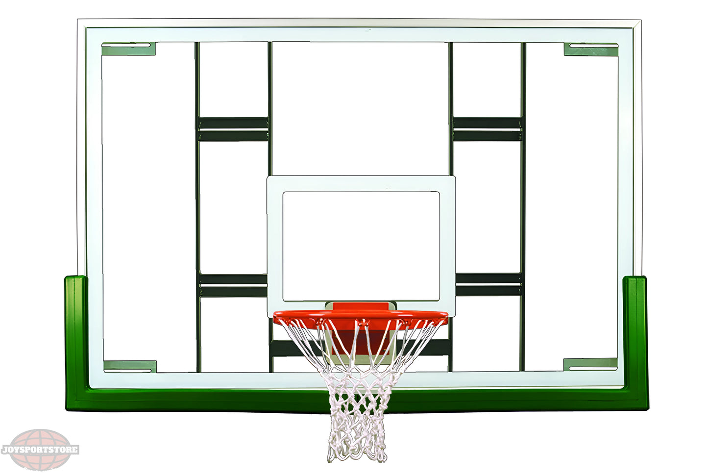 FIRST TEAM basketball backboard with white and green frame and attached hoop with net