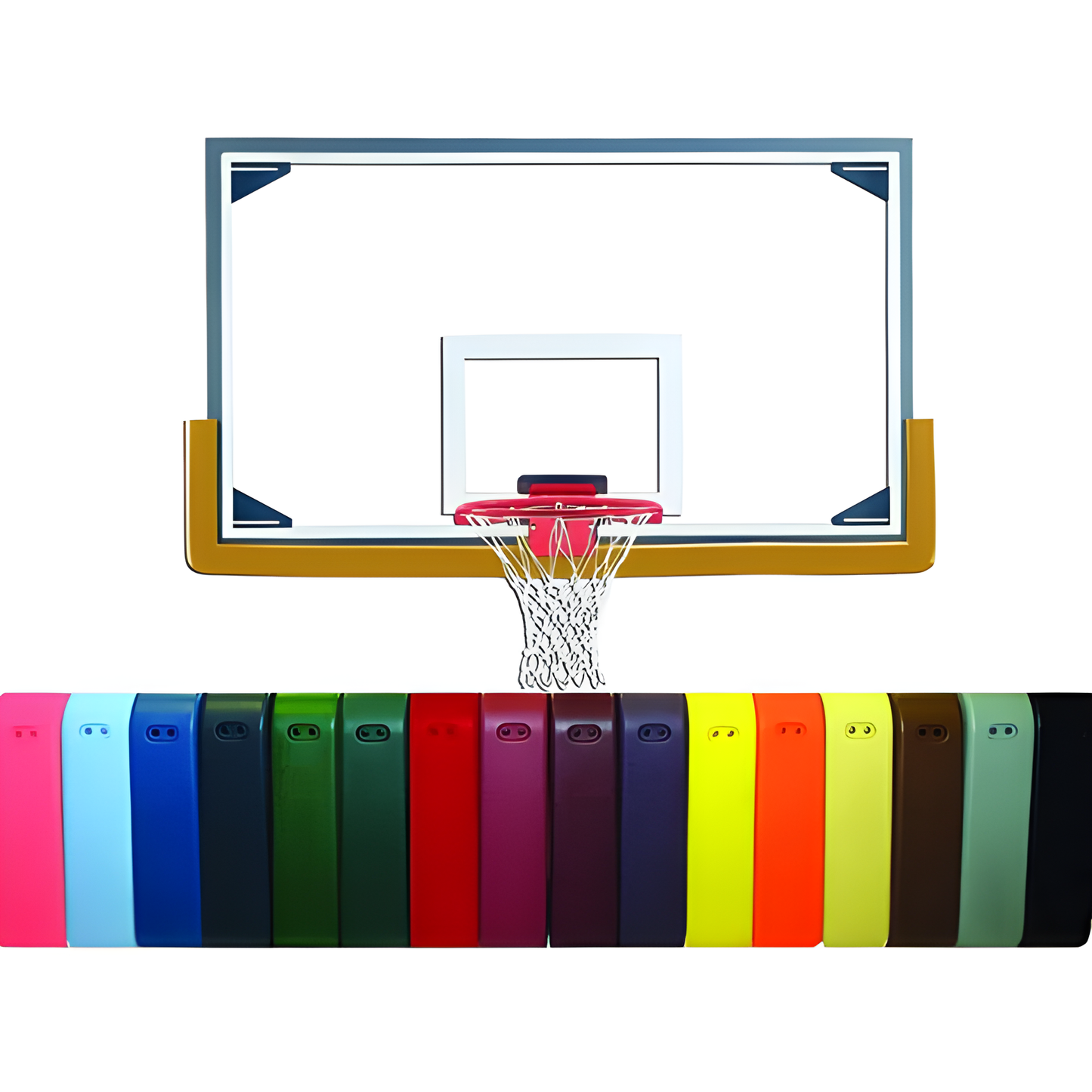 Gared basketball backboard with clear glass and colorful protective padding options in multiple shades