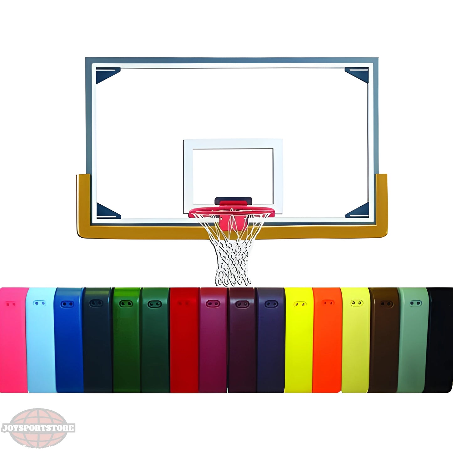 Gared basketball backboard with clear glass and colorful protective padding options in multiple shades