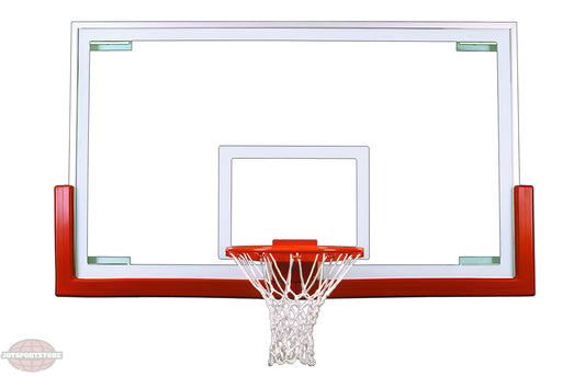 FIRST TEAM basketball backboard with red trim and attached hoop with net for outdoor play