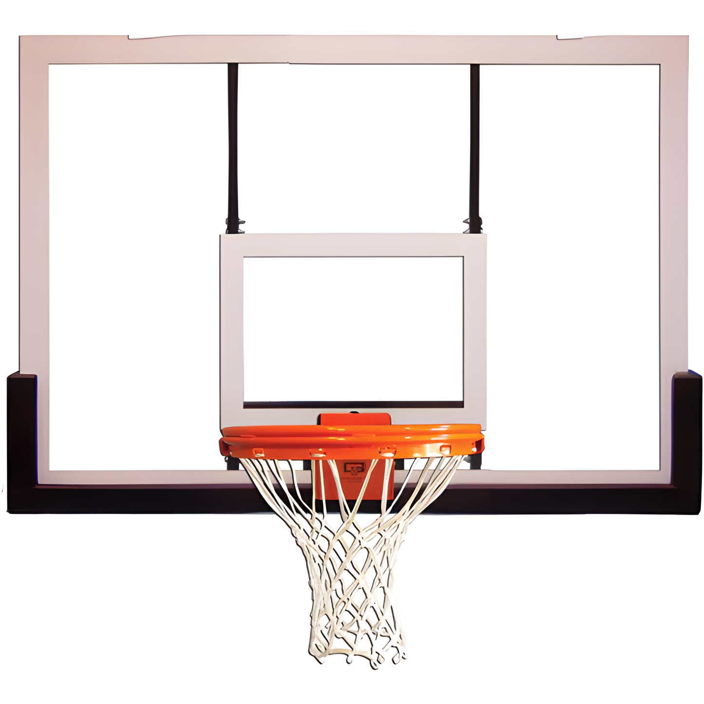 Clear Gared basketball backboard with orange rim and white net for outdoor and indoor basketball play