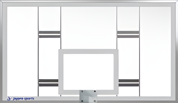 Jaypro basketball backboard made of durable glass with white frame and black markings