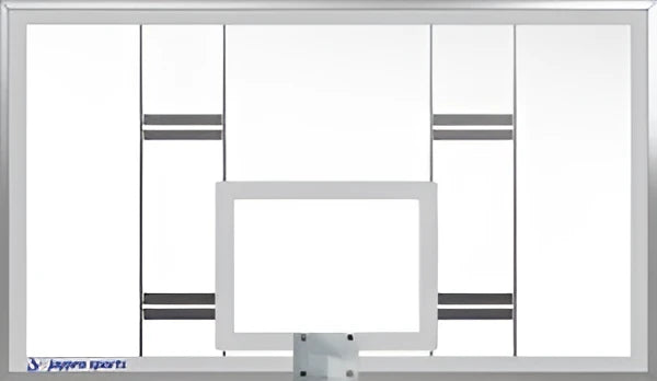 Jaypro basketball backboard made of durable glass with white frame and black markings