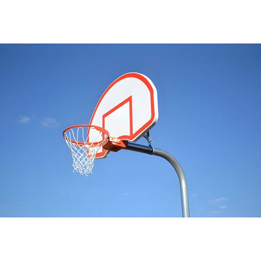 Gared basketball backboard with orange and white design mounted on curved pole against blue sky