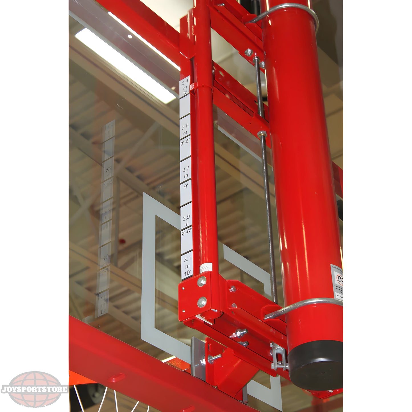 Gared basketball backboard with red adjustable support frame and clear glass panel