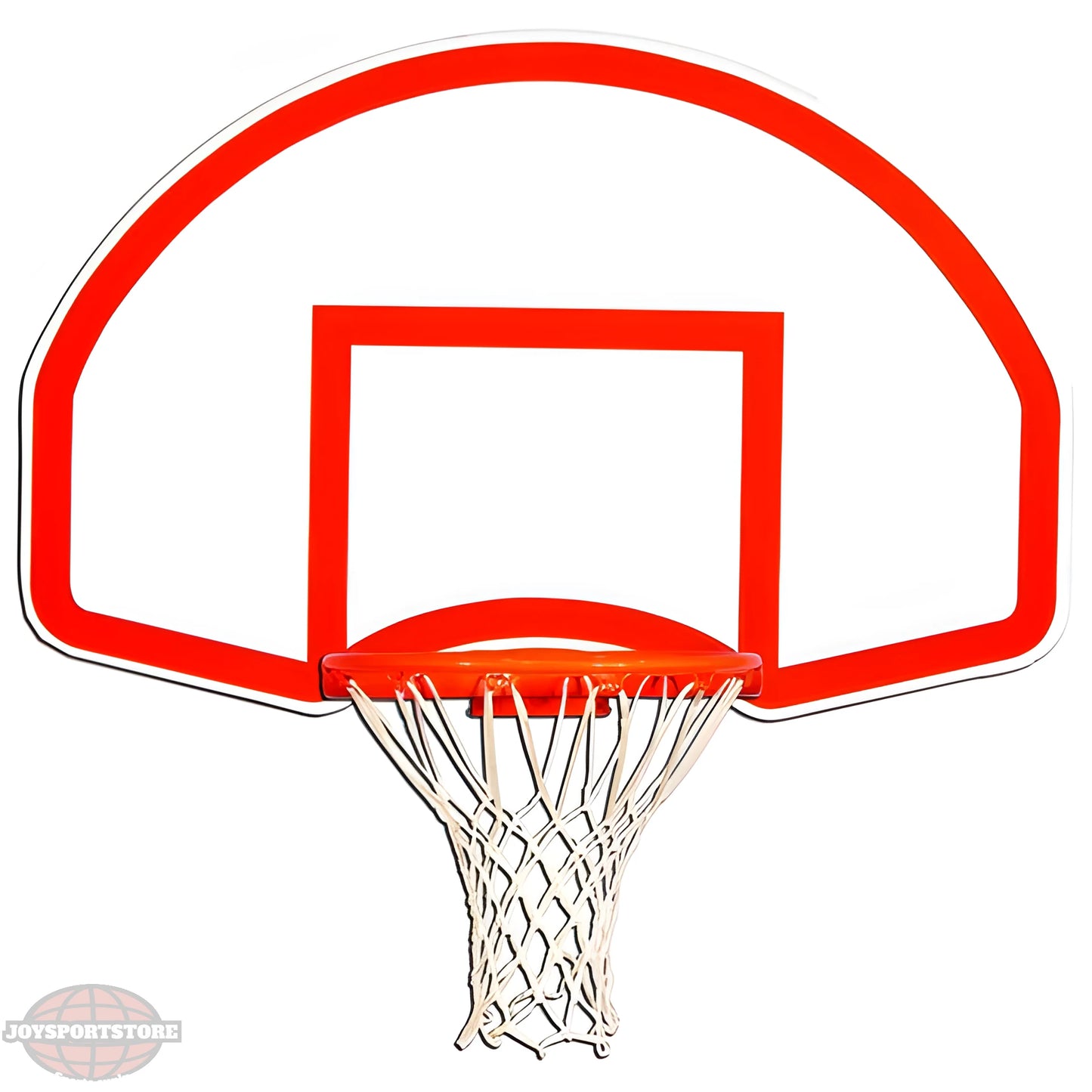 Gared white and red basketball backboard with attached orange rim and white net