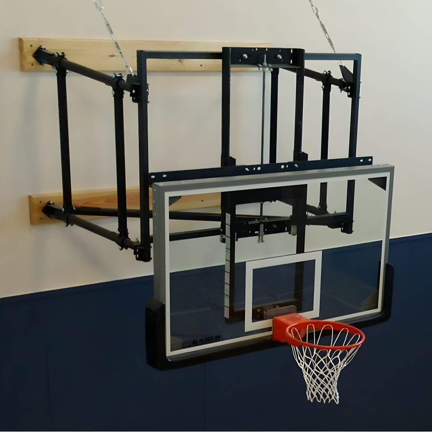 Gared basketball backboard with clear glass and wall-mounted adjustable frame system