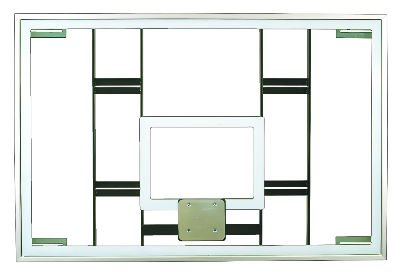 FIRST TEAM basketball backboard with white frame and black support structure for basketball hoop