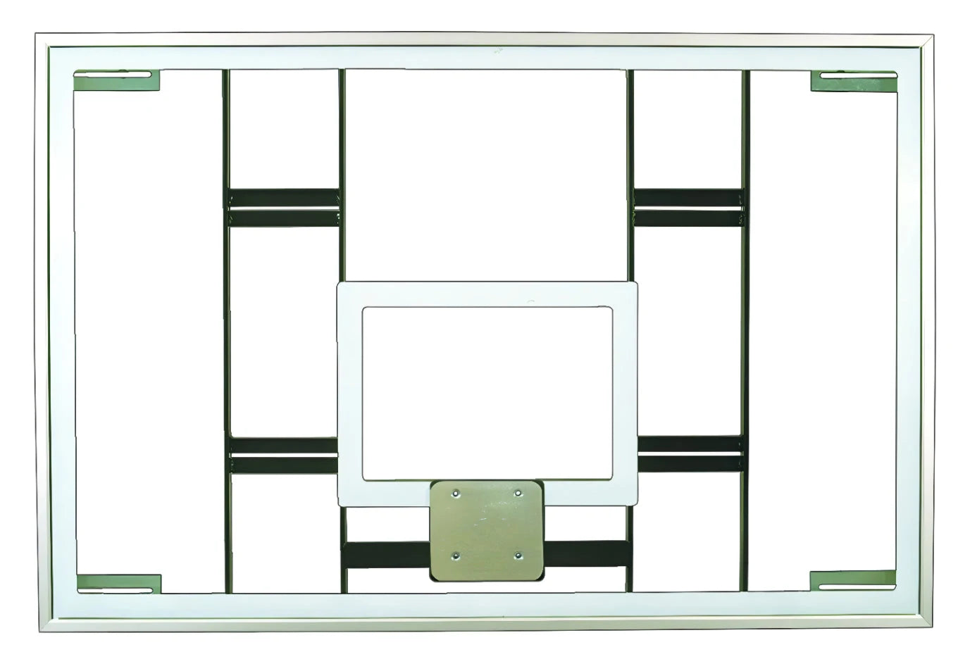 FIRST TEAM basketball backboard with white frame and black support structure for basketball hoop