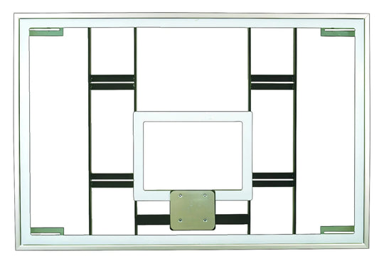 FIRST TEAM basketball backboard with white frame and black support structure for basketball hoop
