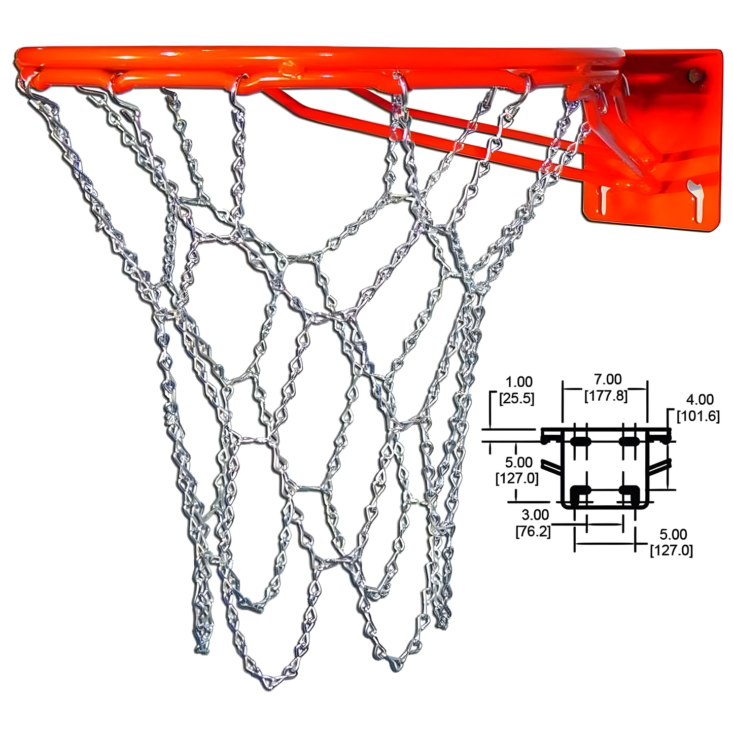 Gared heavy-duty basketball rim with metal chain net and detailed dimensional diagram