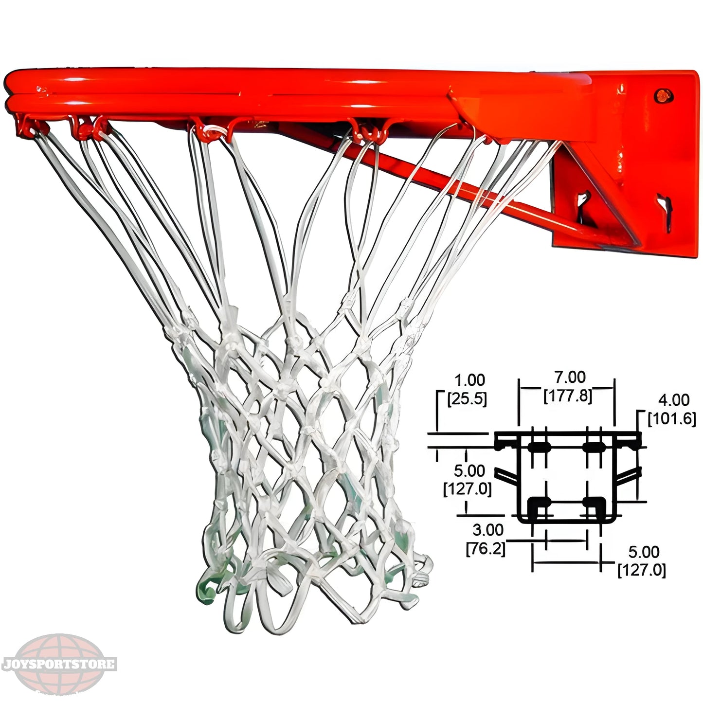 Gared basketball rim with attached net and detailed mounting dimensions in inches and millimeters