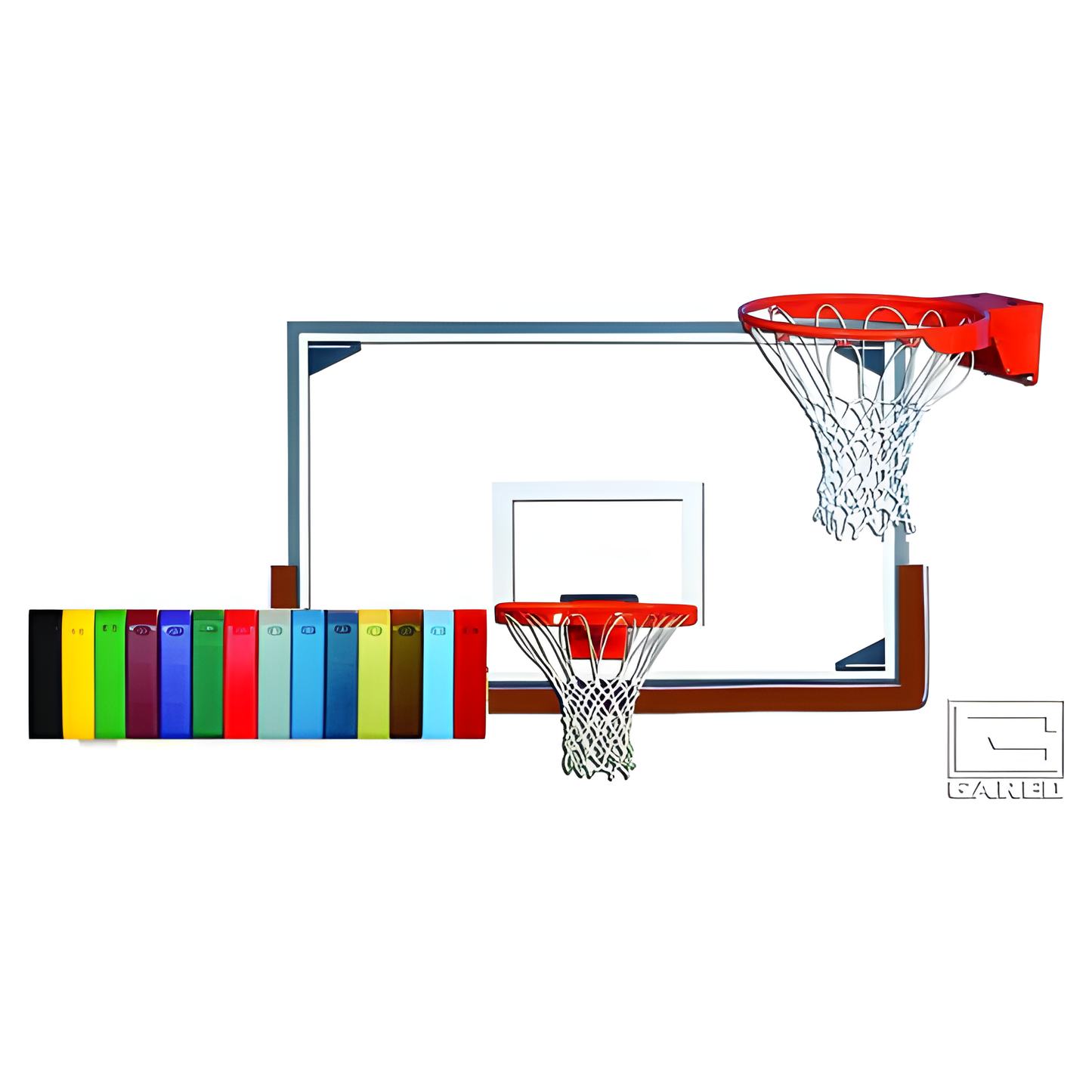 Gared basketball backboard with clear acrylic surface and red rim shown with color samples