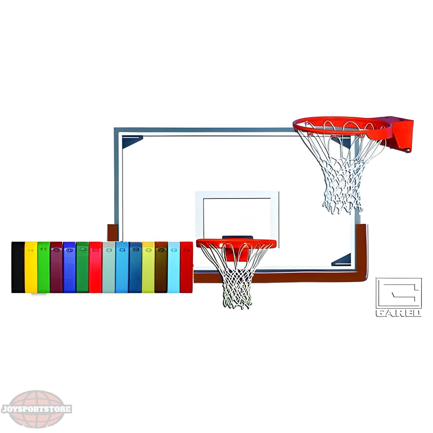 Gared basketball backboard with clear acrylic surface and red rim shown with color samples
