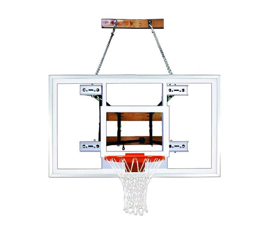 FIRST TEAM wall mount basketball hoop with clear backboard and white net hanging on chain