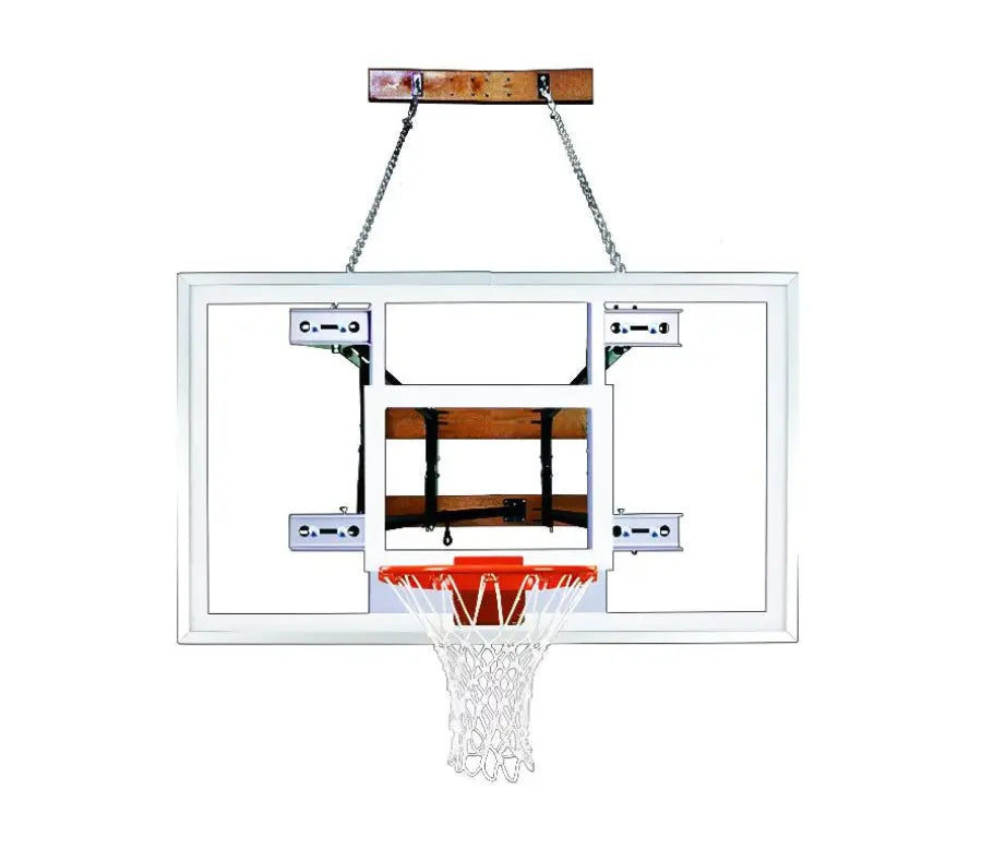 FIRST TEAM wall mount basketball hoop with clear backboard and white net hanging on chain