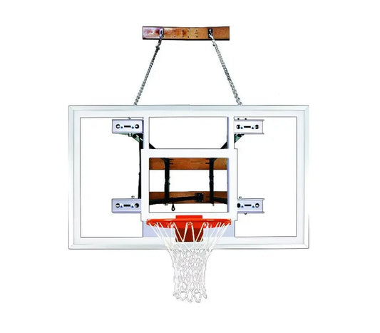 FIRST TEAM wall mount basketball hoop with clear backboard and white net hanging on chain
