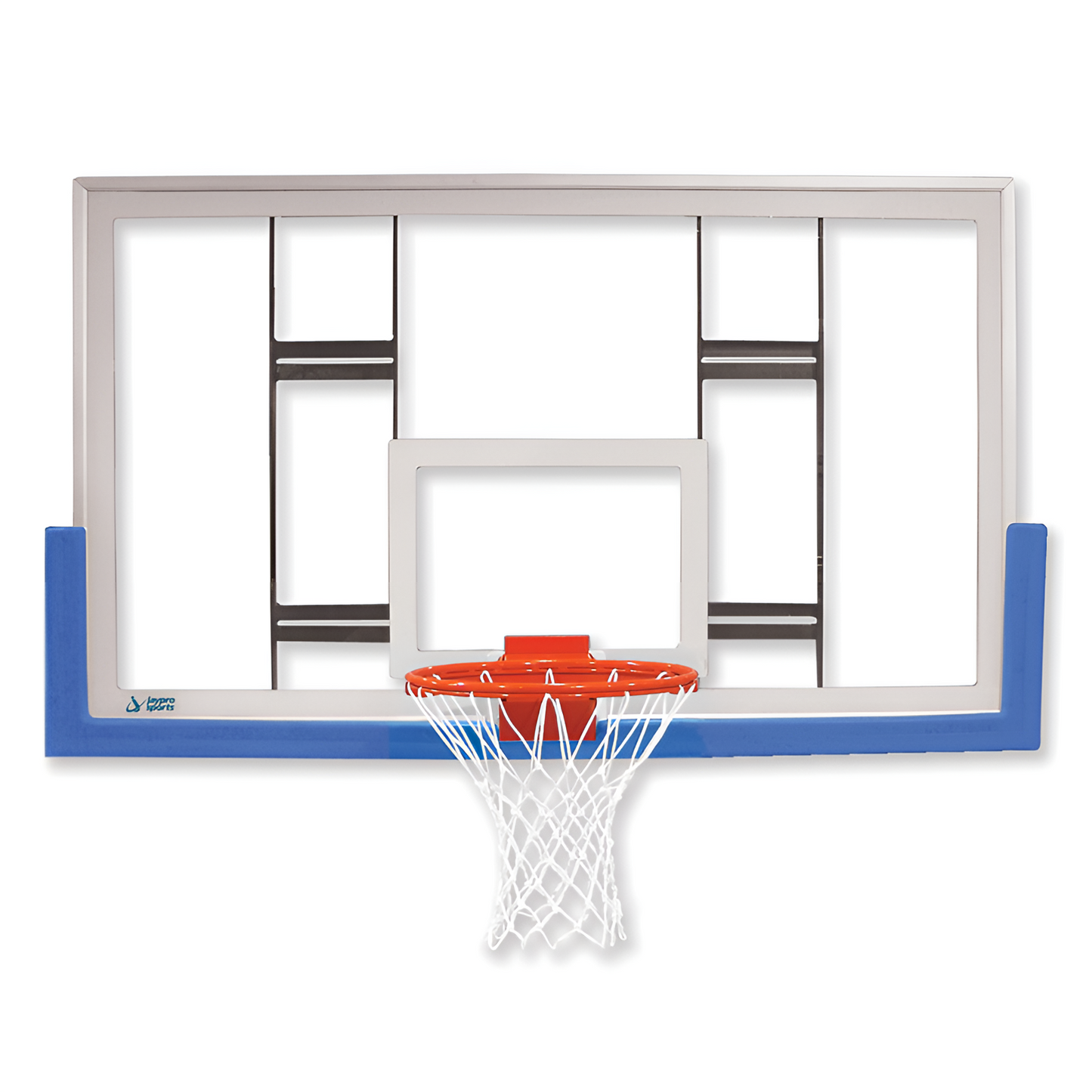Jaypro basketball backboard with clear acrylic panel, blue padded bottom edge, and orange rim with white net