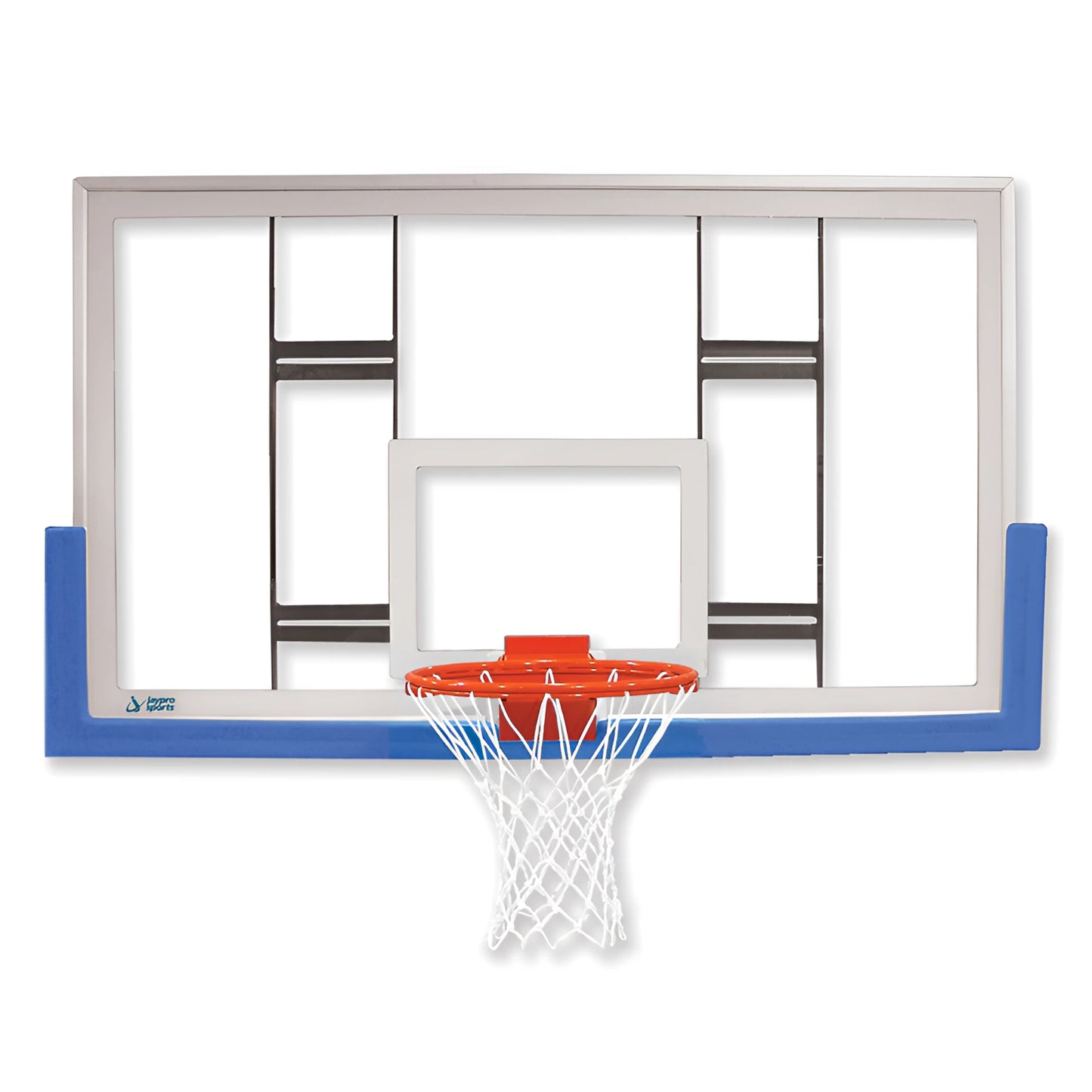 Jaypro basketball backboard with clear acrylic panel, blue padded bottom edge, and orange rim with white net