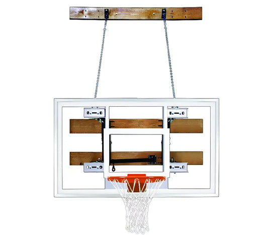 First Team FoldaMount68 Pro basketball hoop with foldable backboard and metal chains for wall mounting
