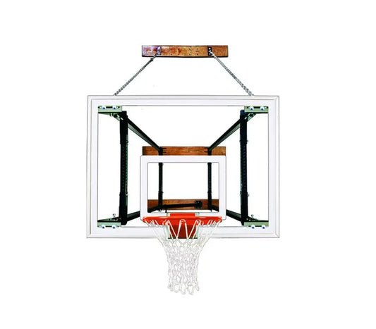 First Team FoldaMount82 Maverick basketball hoop with clear backboard and white net hanging by chain