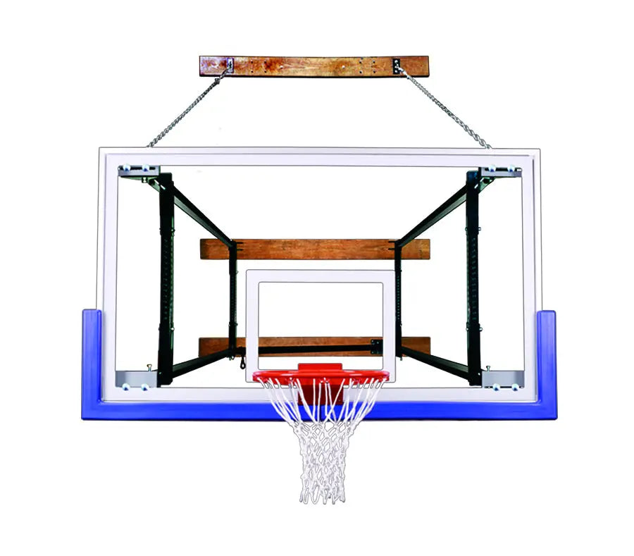 First Team FoldaMount82 Triumph basketball hoop with clear backboard and white net