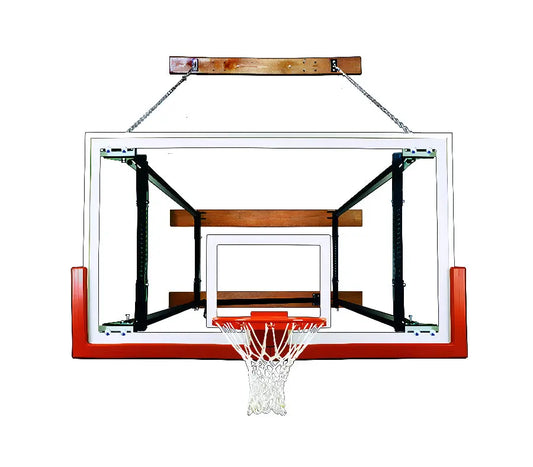 First Team FoldaMount82 Victory basketball hoop with glass backboard and red rim mounted on wooden support