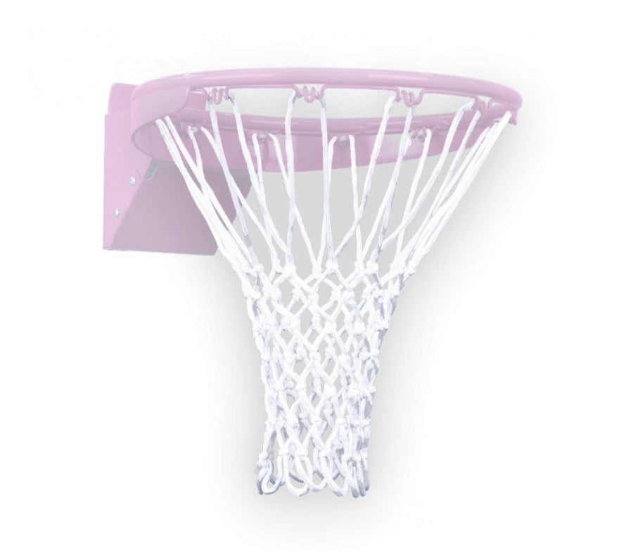 First Team FT10 basketball hoop with white net and purple rim wall mounted for indoor play