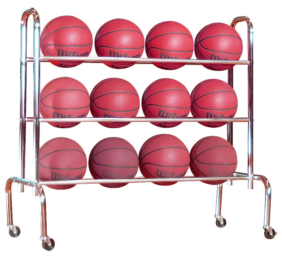First Team FT15 basketball ball rack with three tiers holding twelve red basketballs on wheels