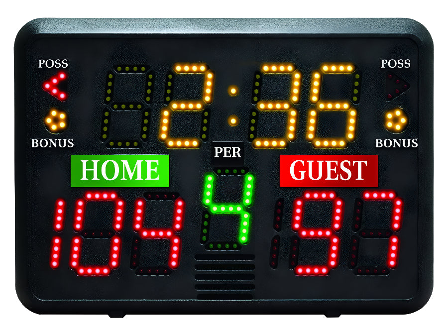 First Team FT805 Portable basketball scoreboard showing game time period and scores for home and guest teams