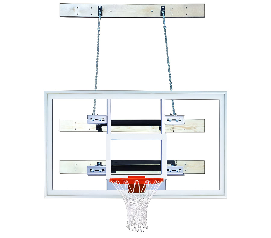 First Team SuperMount46 Supreme basketball hoop with clear backboard and suspended mounting chains