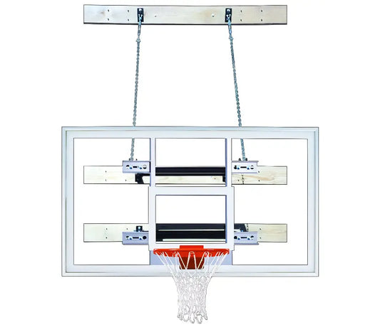 First Team SuperMount46 Supreme basketball hoop with clear backboard and suspended mounting chains