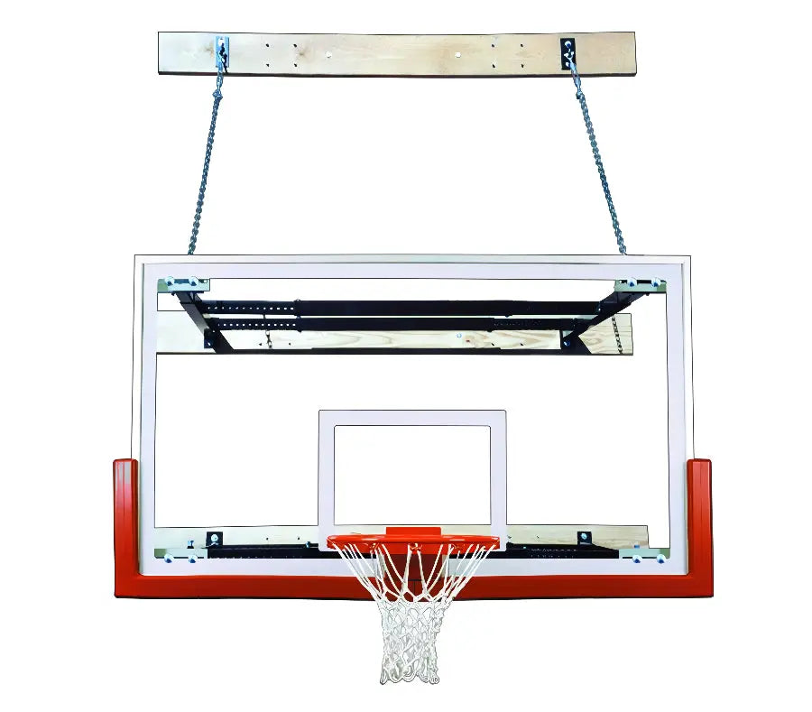 First Team SuperMount46 Victory basketball hoop with clear backboard and red rim mounted on wooden support