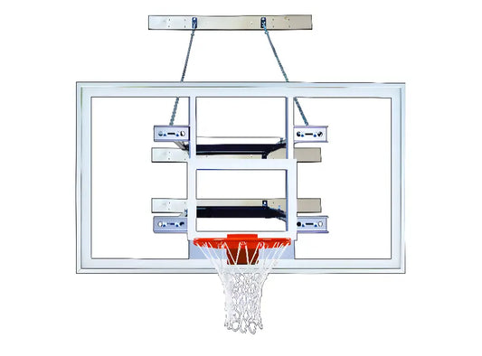 First Team SuperMount82 Select basketball hoop with clear backboard and orange rim hanging on wall