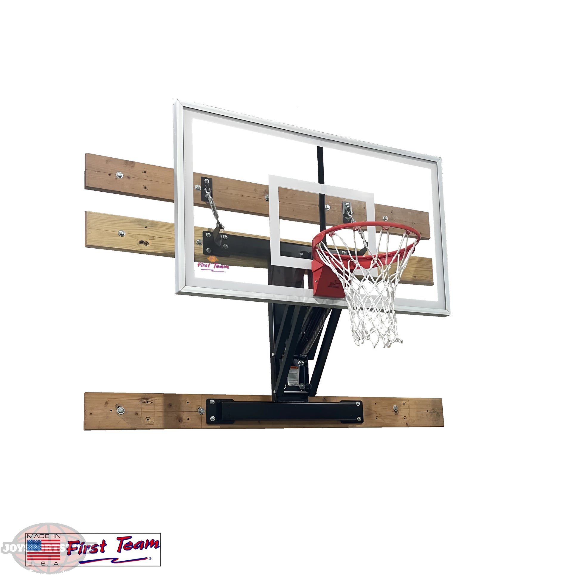 FIRST TEAM wall mount basketball hoop with clear backboard and red rim for outdoor use