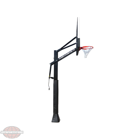 Ironclad in ground basketball hoop with adjustable height and durable black pole on white background