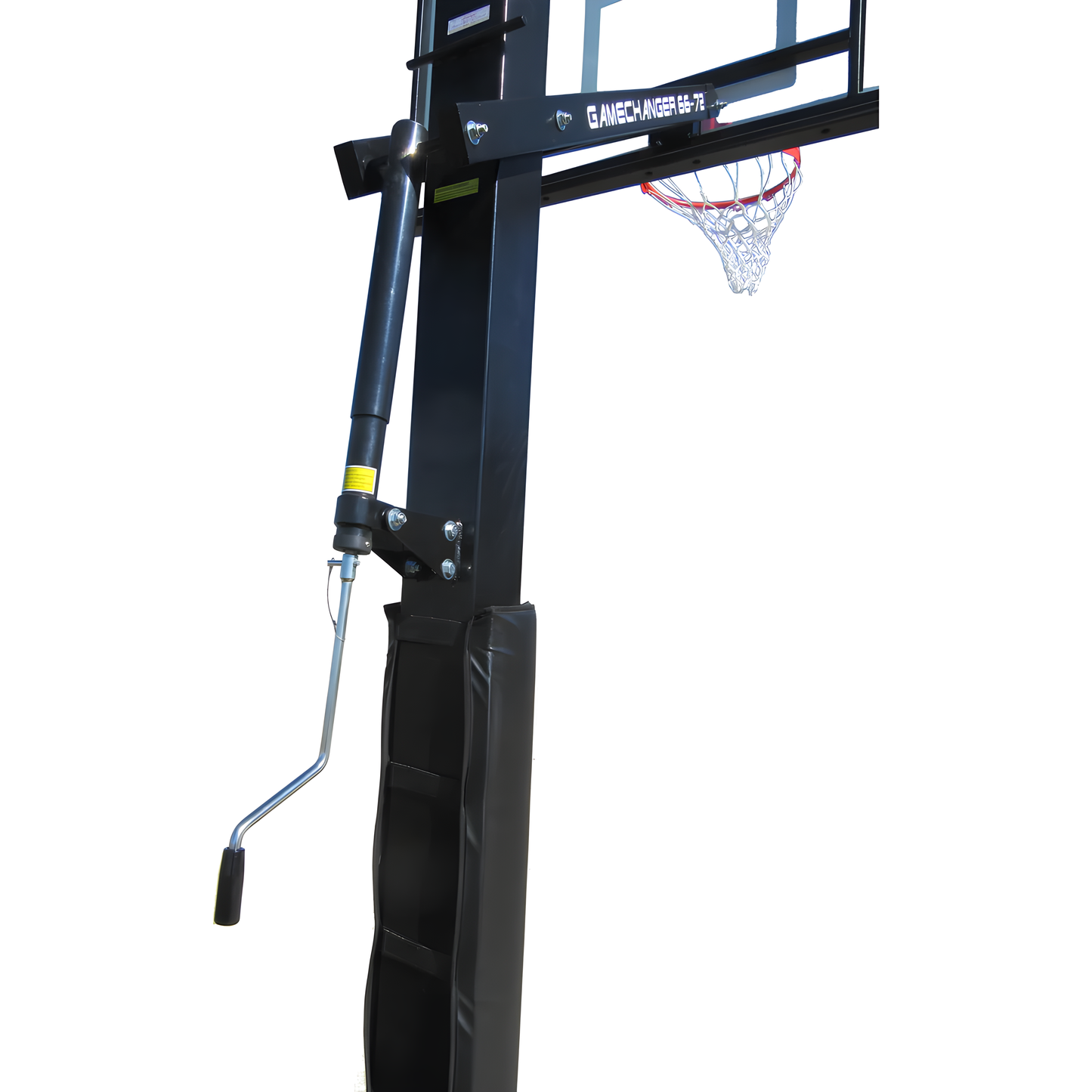 Ironclad in ground basketball hoop with adjustable crank height and padded black pole support