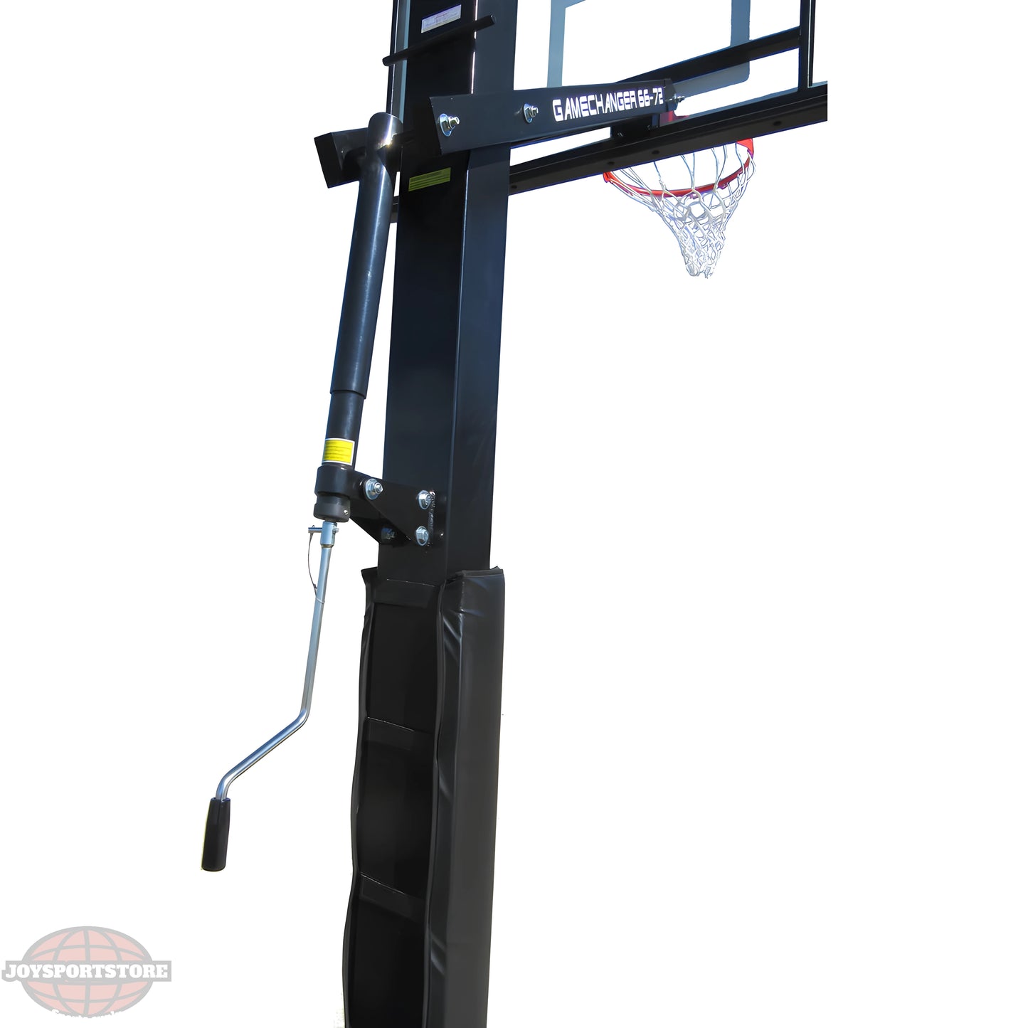 Ironclad in ground basketball hoop with adjustable crank height and padded black pole support