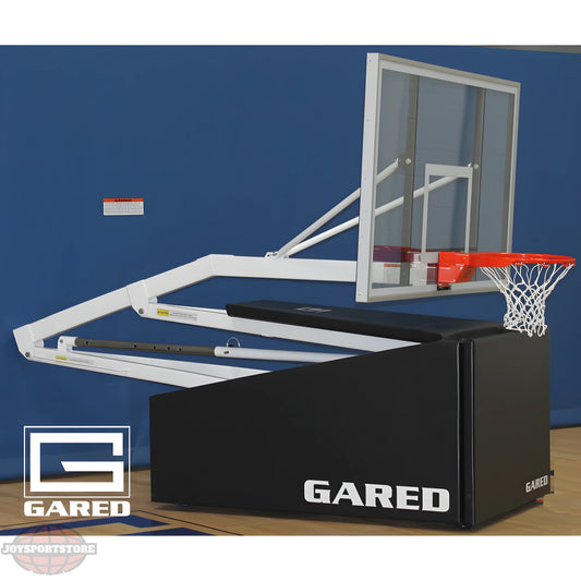 Gared basketball hoop with a clear backboard and orange rim mounted on black padded base