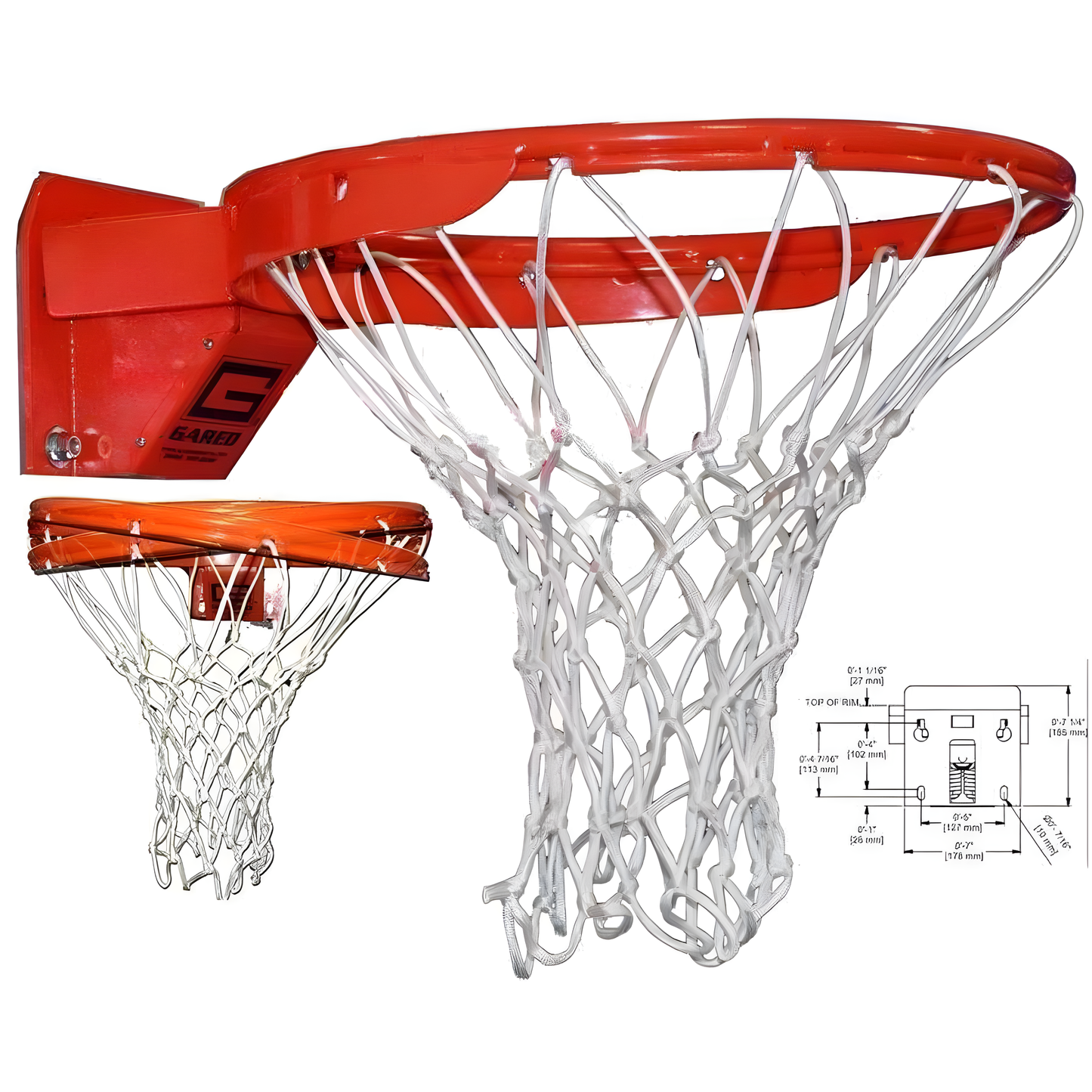 Gared basketball rim with white net and detailed mounting bracket for secure installation