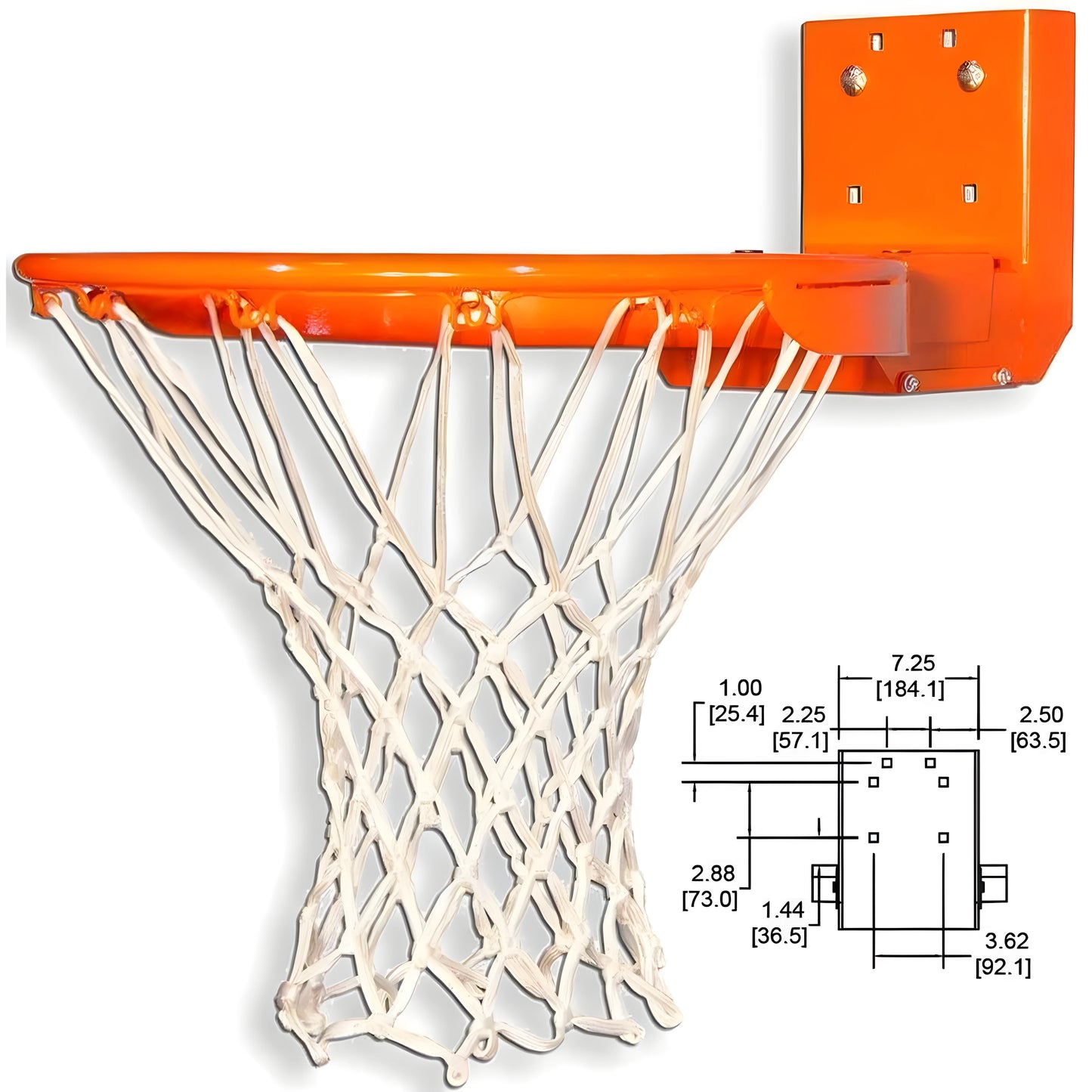 Gared basketball rim with orange metal frame and white net designed for wall mounting