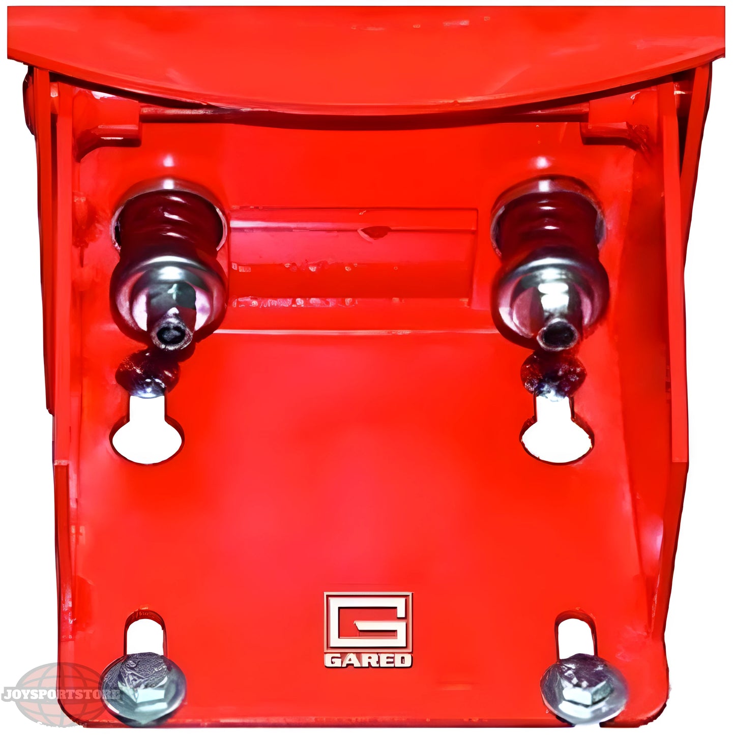 Red Gared basketball rim mounting bracket showing attachment bolts and hardware