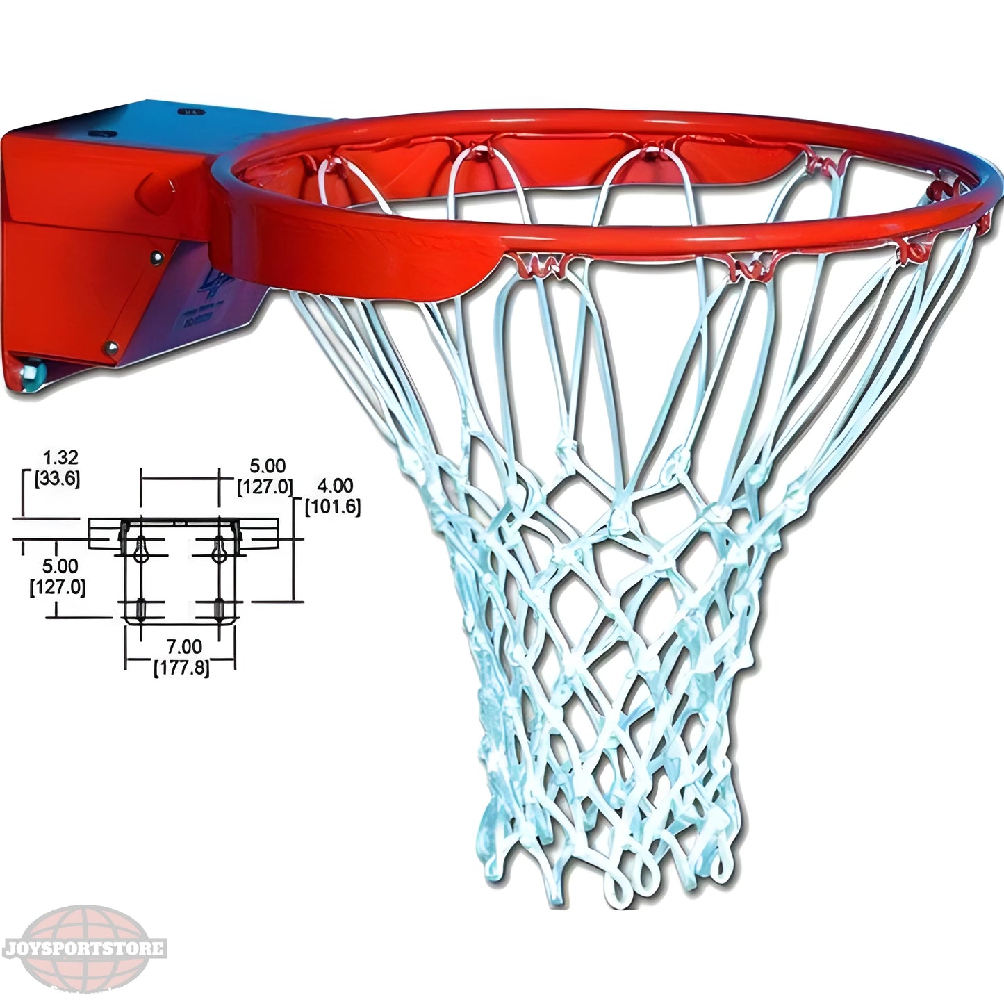 Gared basketball rim with red steel hoop, white net, and mounting bracket with dimensions