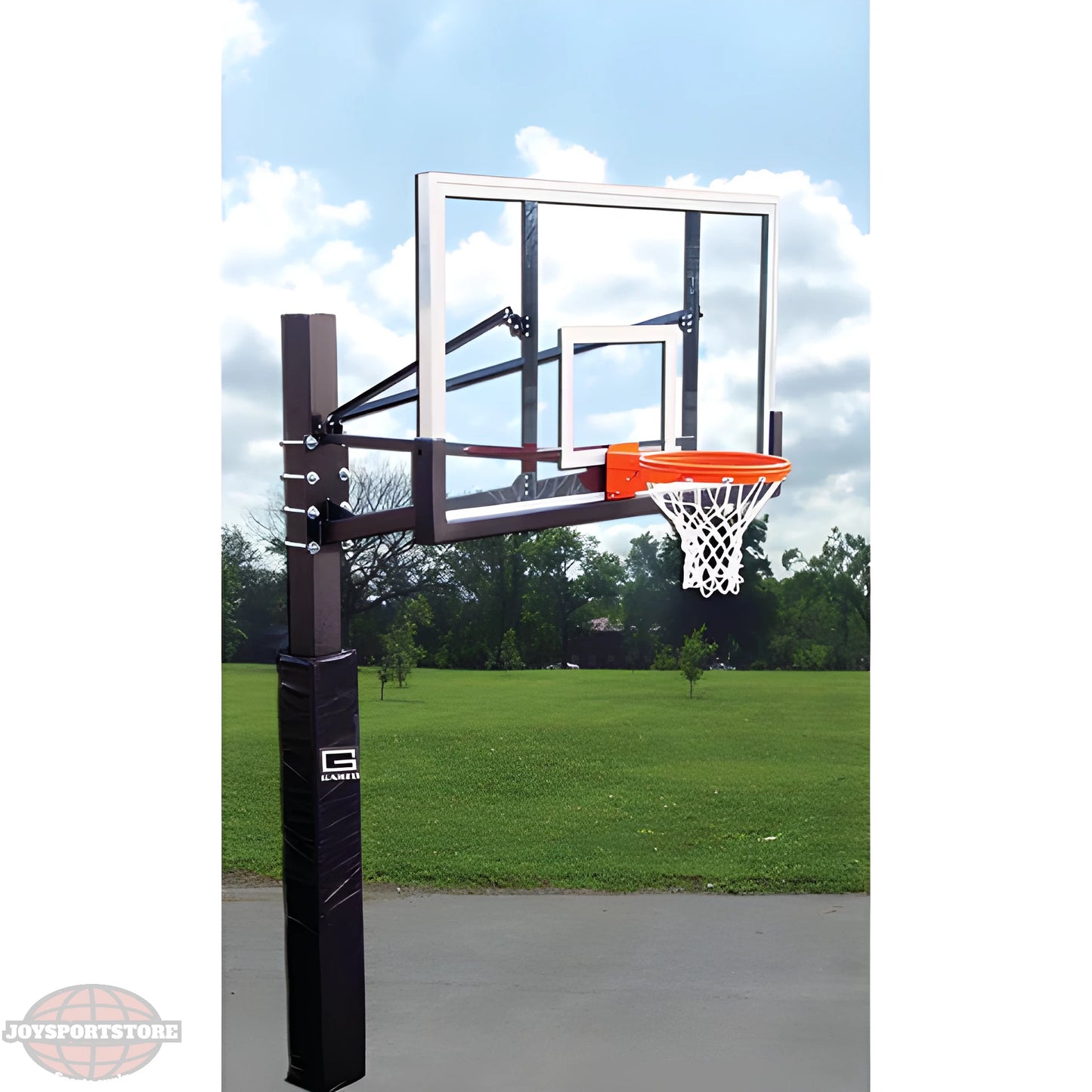 Gared outdoor ground basketball hoop with clear backboard and orange rim mounted on black pole